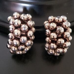 Chunky Silvertone Beaded Cluster Lightweight Clip-On Earrings
